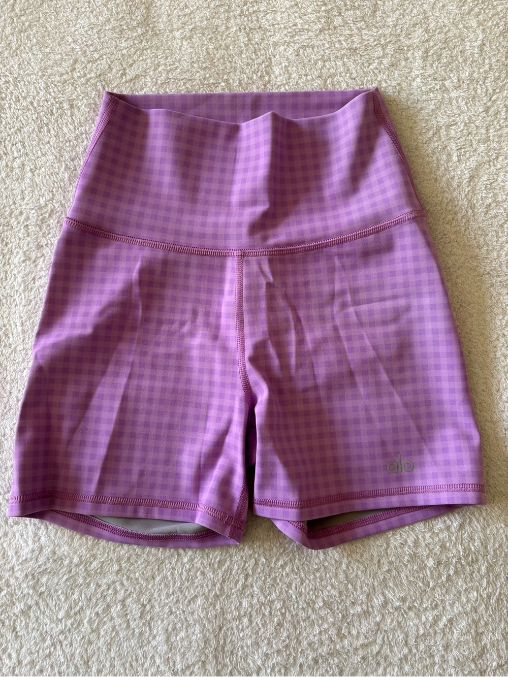 ALO Yoga Purple Gingham High-Rise Bike Shorts